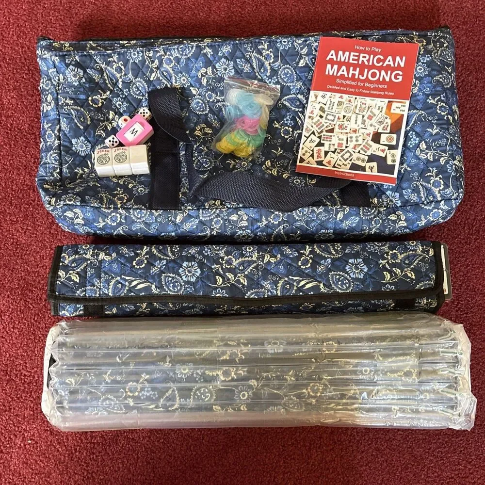American Mahjong Set with Blue Carrying Bag, 166 White Tiles, 4 All-in-One Ra...